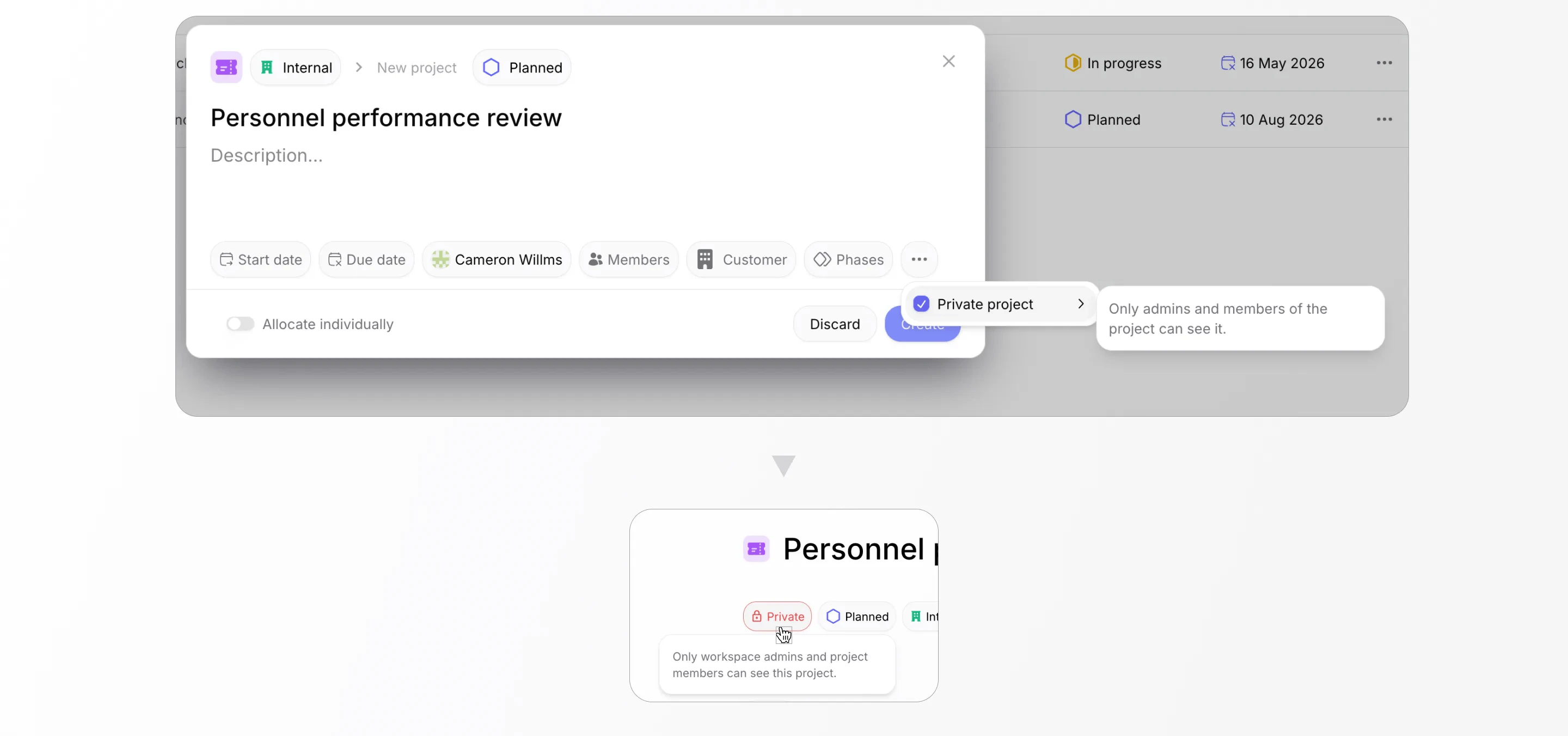 Private toggle in the project creation form