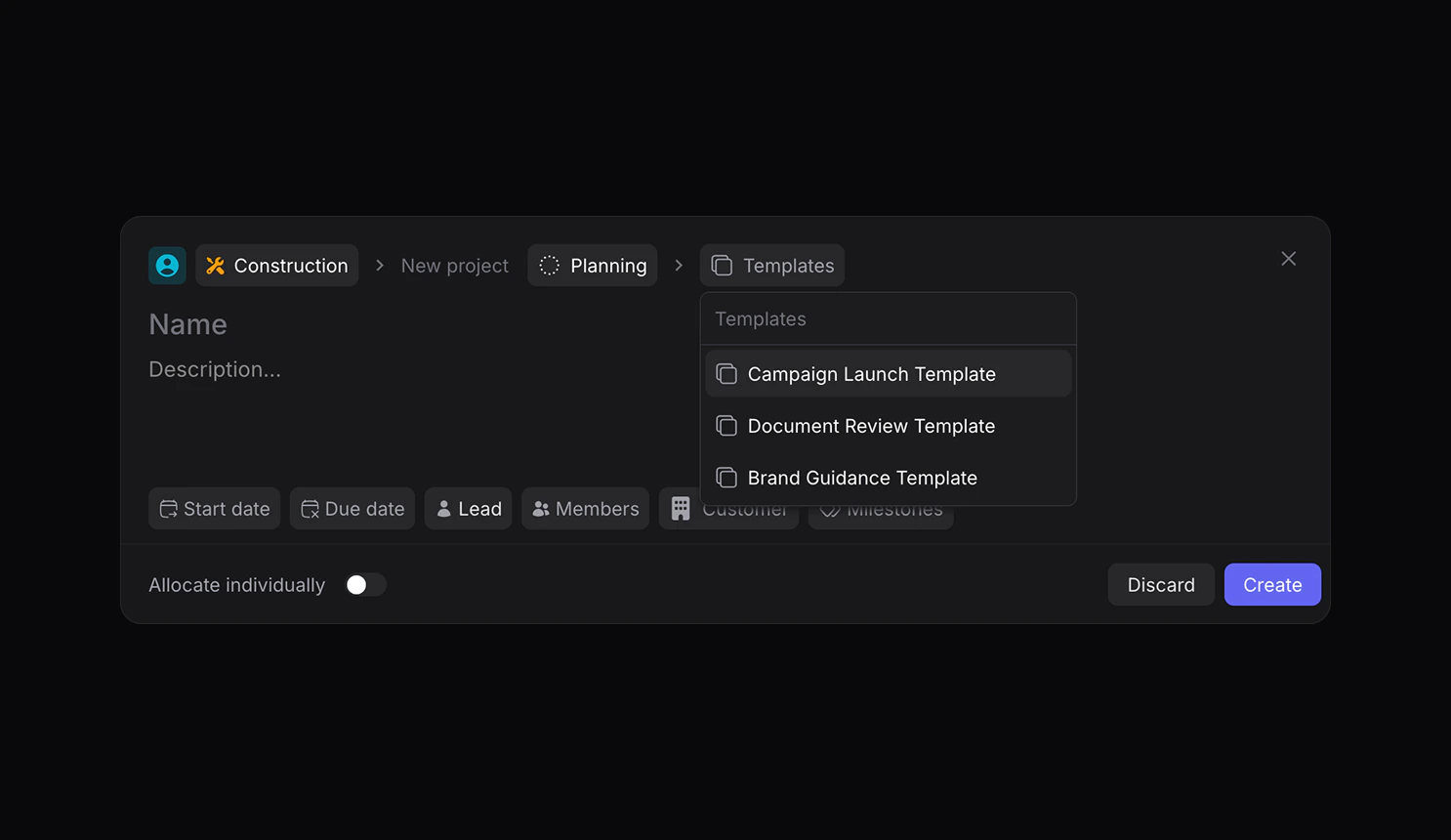 Project Template Dropdown
