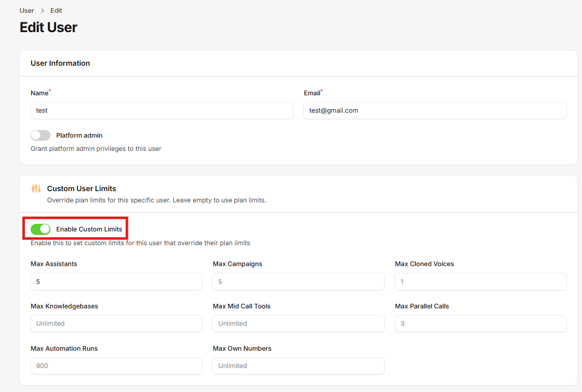 Enable Custom Limits Interface