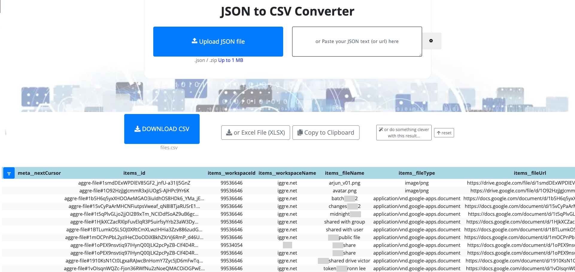 JSON to CSV Converter画面