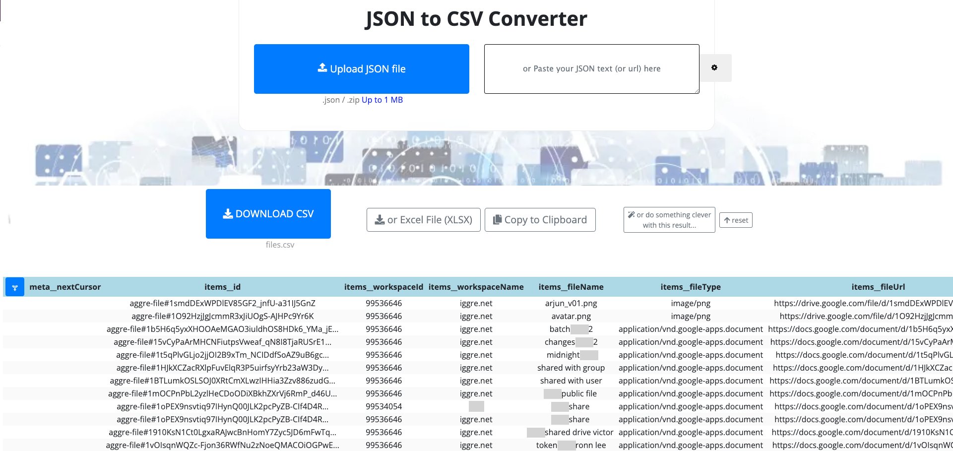 JSON to CSV Converter画面