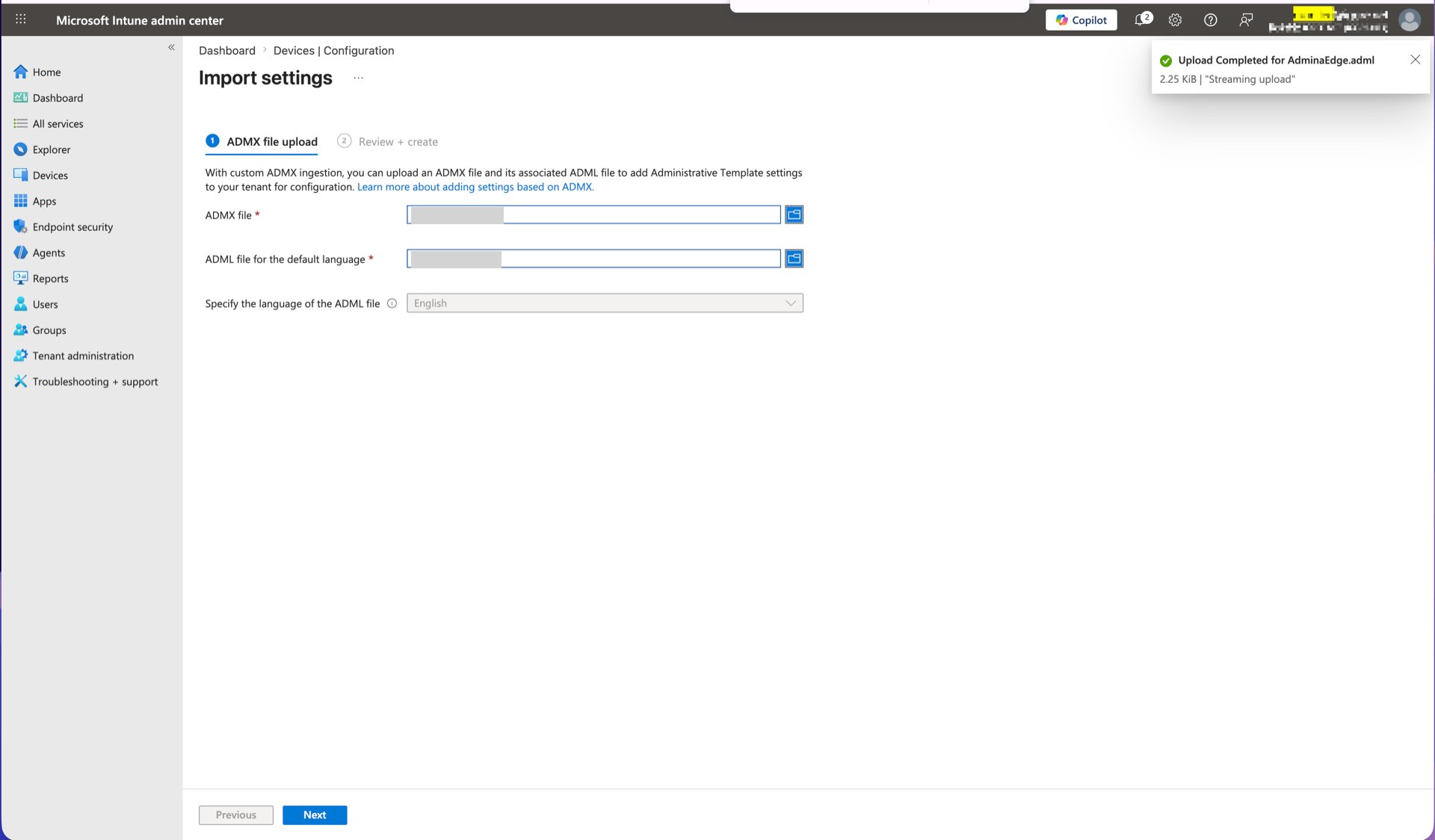 Intune の Import ADMX 画面でSaaSManagerEdgeのADMX/ADMLファイルをアップロードし、Upload Completedと表示されている状態