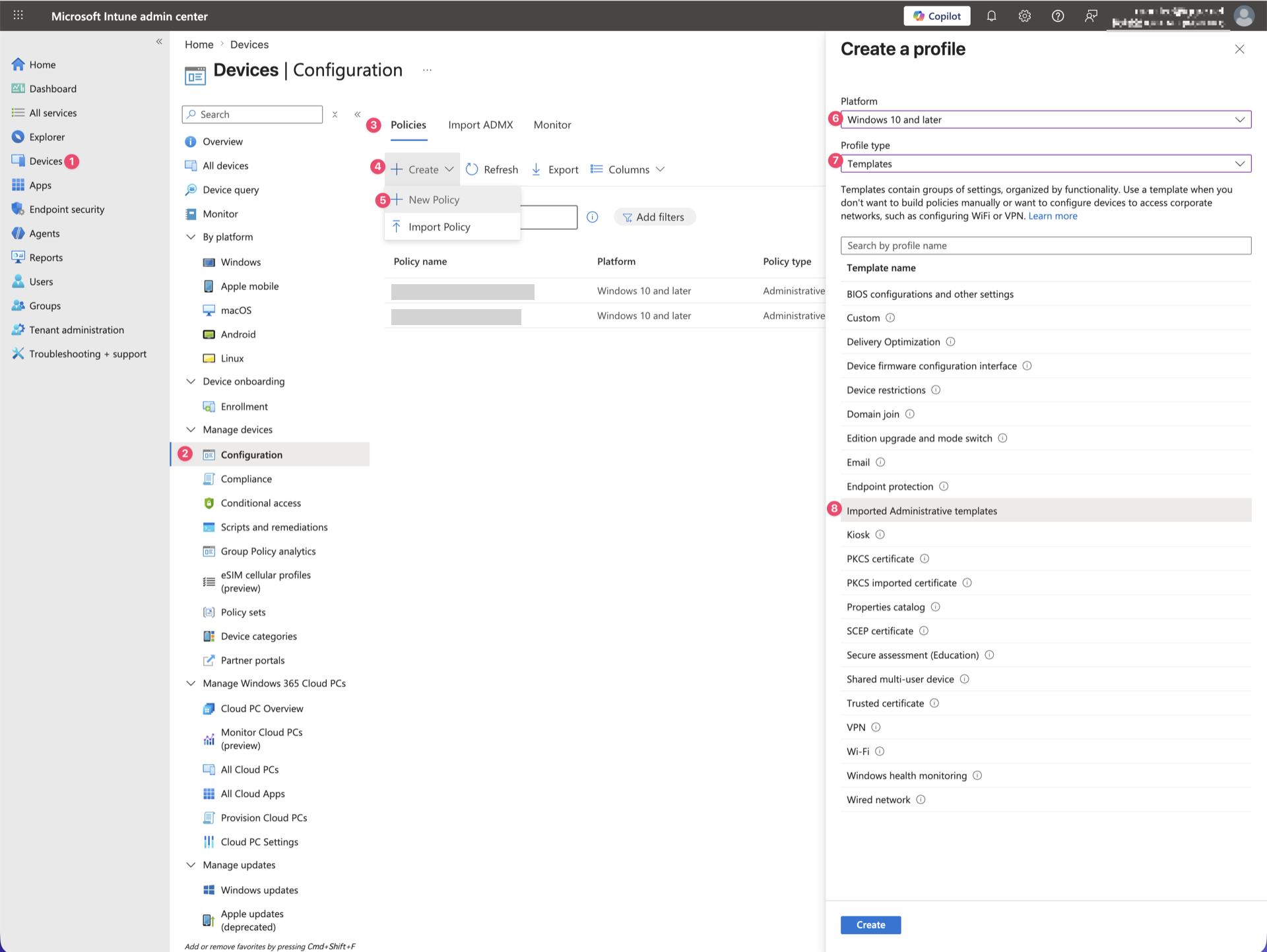 Create a profile画面でPlatformにWindows 10 and later、Profile typeにTemplates（Imported Administrative templates）を選択している状態