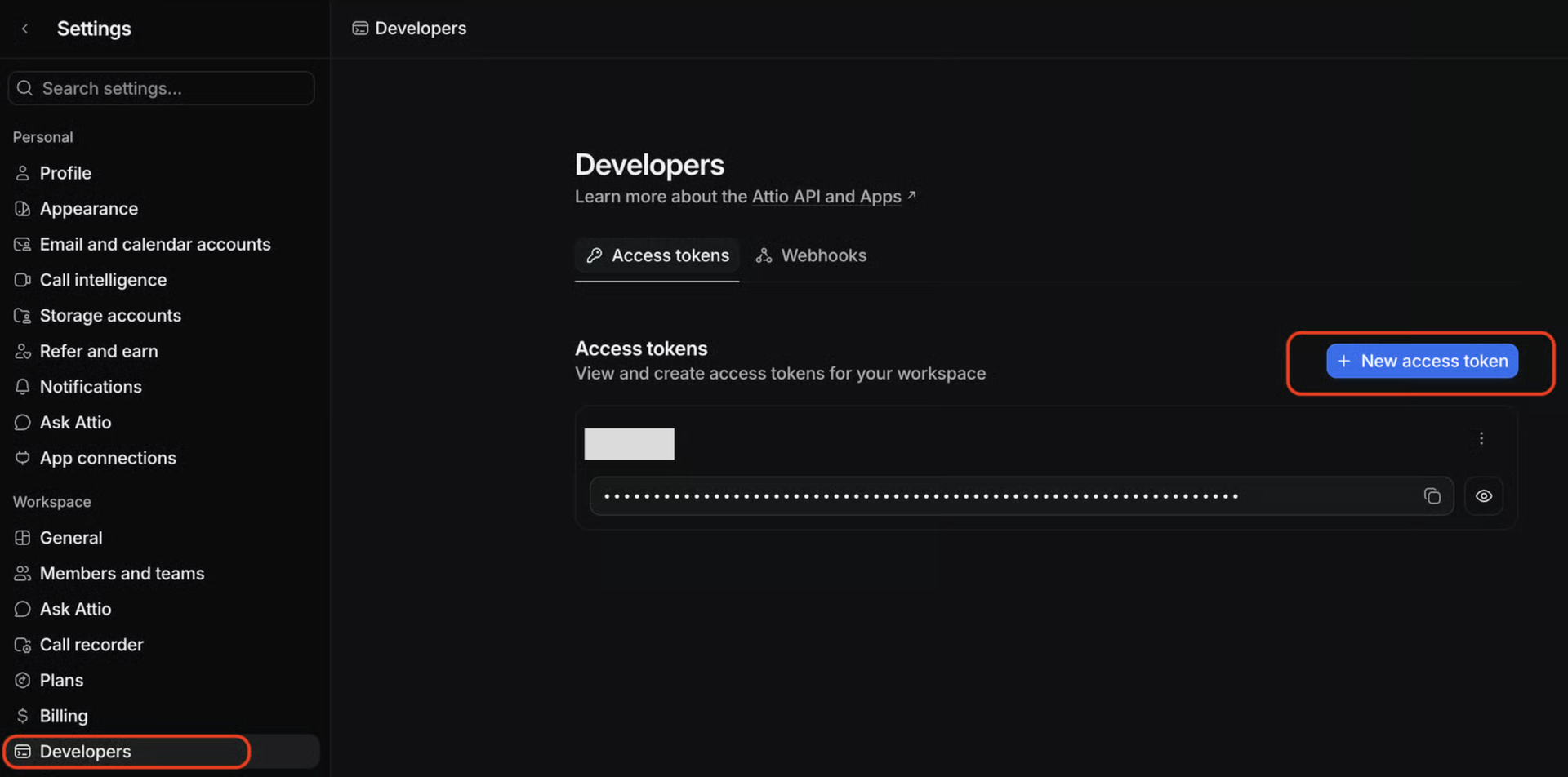 Attioの開発者設定画面でAccess tokensタブからNew access tokenを作成している画面