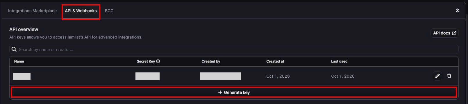 lemlistのAPI & WebhooksタブでGenerate keyボタンが表示されている状態