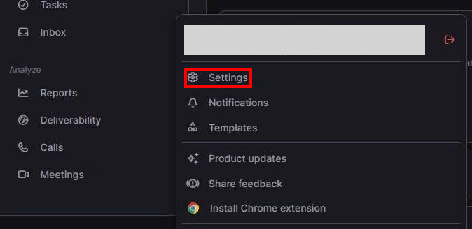 lemlistのプロフィールのメニューでSettingsが表示されている状態