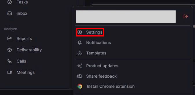lemlistのプロフィールのメニューでSettingsが表示されている状態