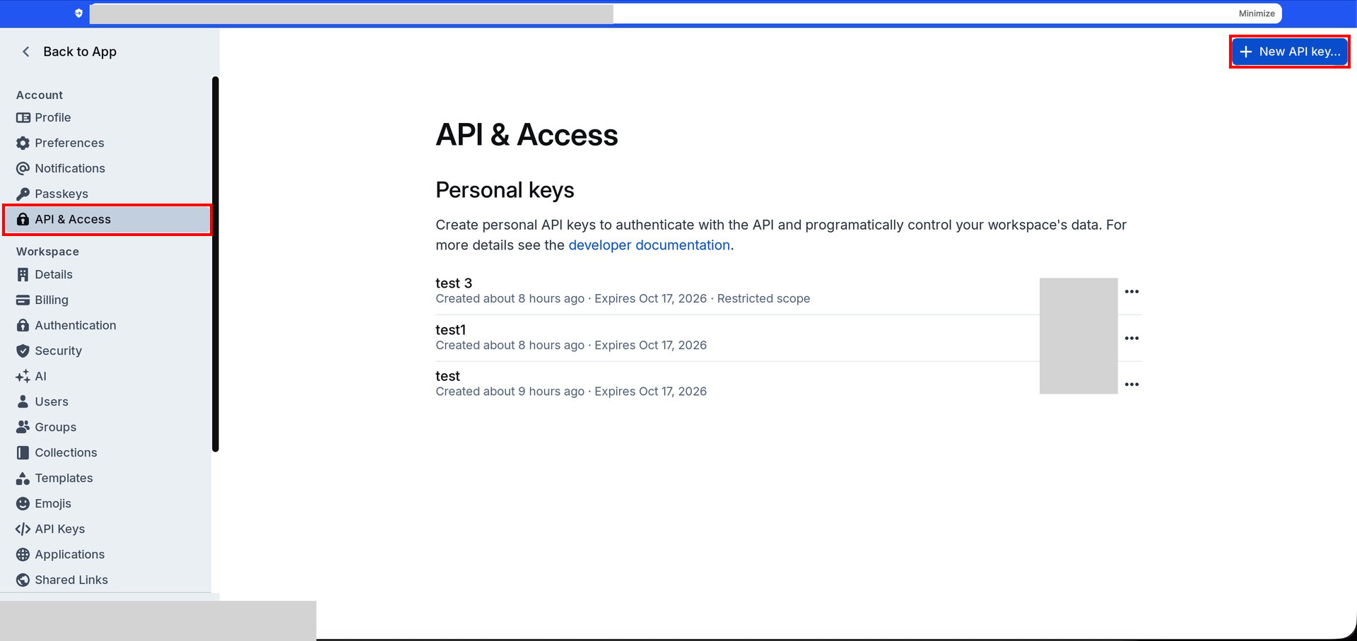 OutlineのAPI & Access画面でNew API key...ボタンが表示されている状態