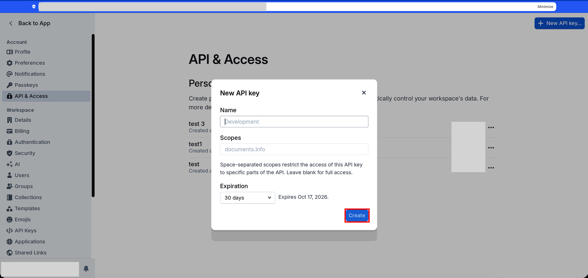 OutlineのNew API keyモーダルでキー名と有効期限を設定する画面
