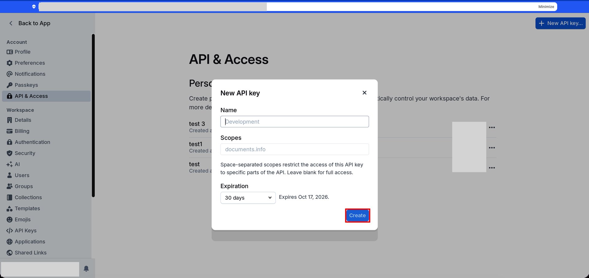 OutlineのNew API keyモーダルでキー名と有効期限を設定する画面