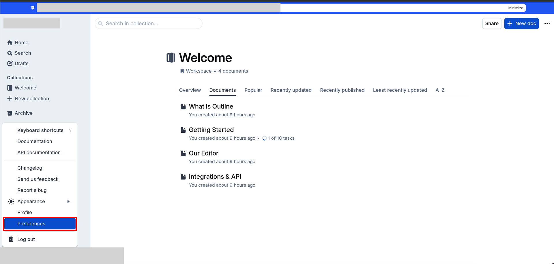 OutlineのプロフィールメニューでPreferencesが選択されている状態