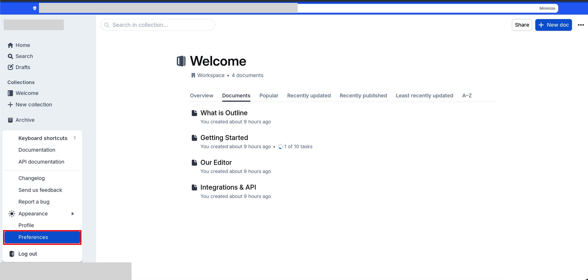 OutlineのプロフィールメニューでPreferencesが選択されている状態