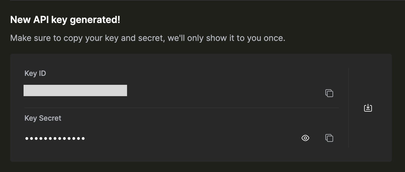 生成されたKey IDとKey Secretが表示されている画面