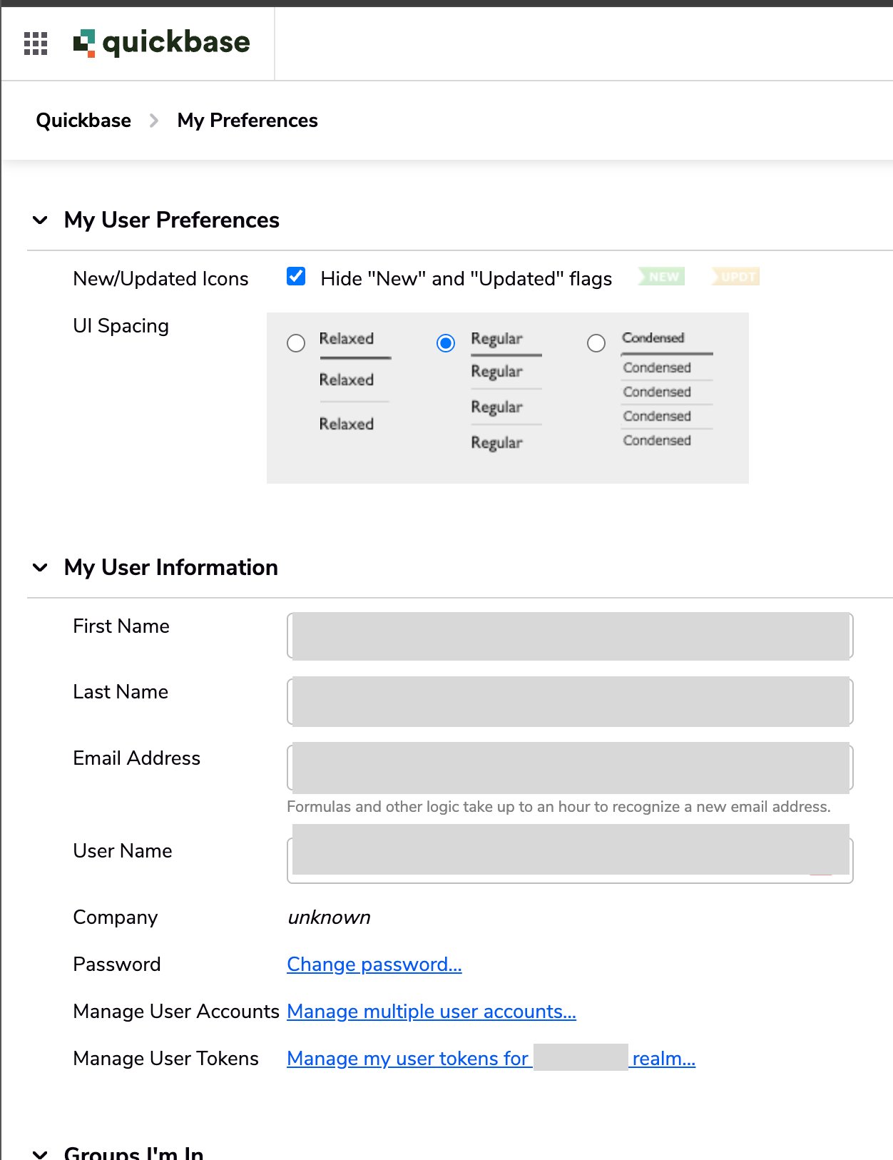 Quickbaseのマイプリファレンス画面でManage my user tokensのリンクが示されている画面