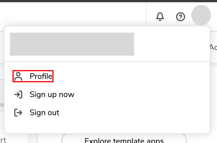 Quickbaseのアバターメニューが開き、Profileの項目が示されている画面