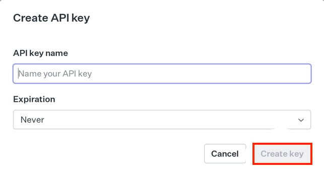 WorkOSのCreate API keyモーダルでキー名を入力する画面