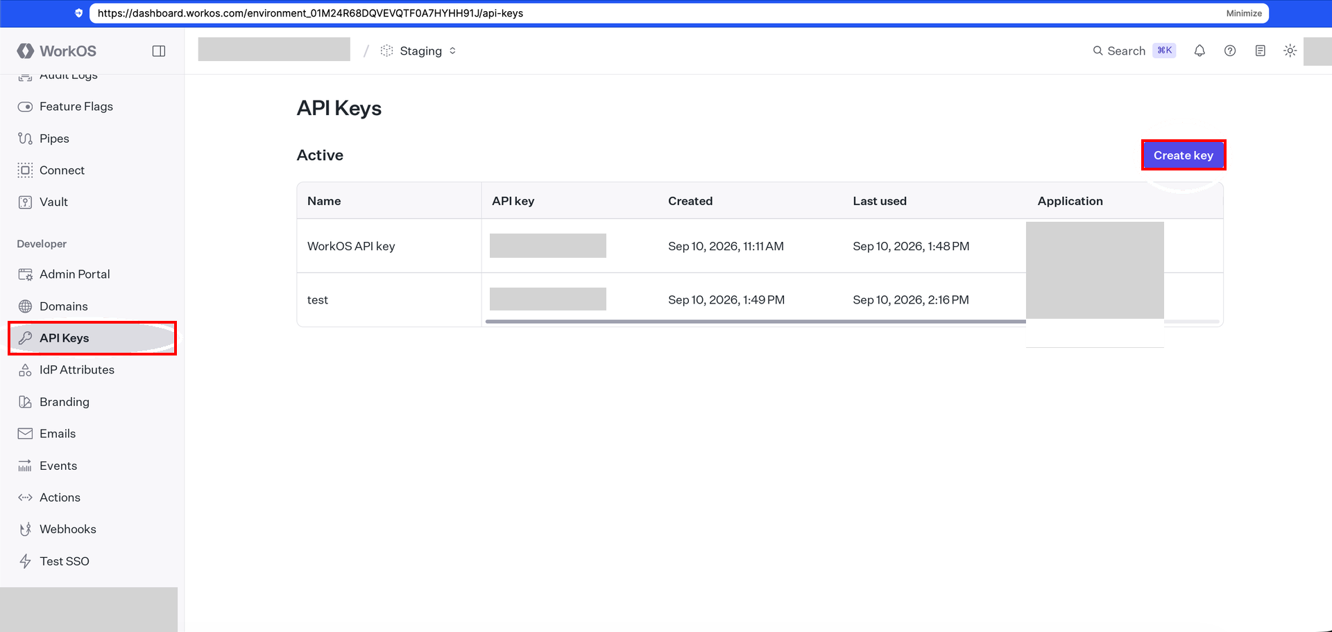 WorkOS DashboardのAPI Keys画面でCreate keyボタンが表示されている状態