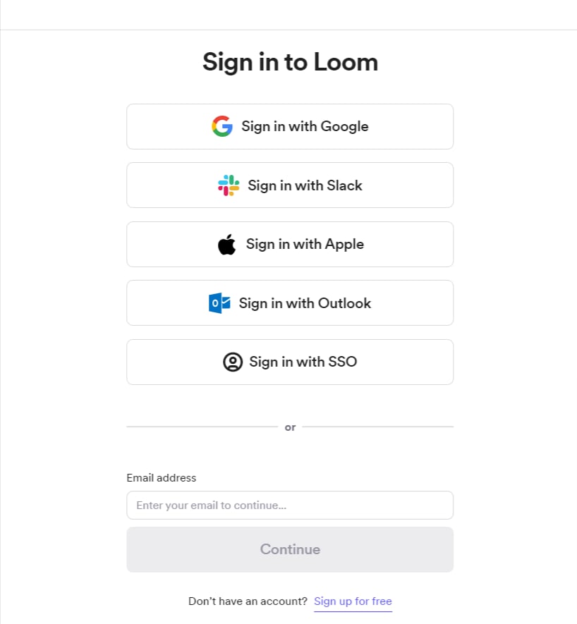 Loom ログイン画面(メールアドレス・パスワード入力)