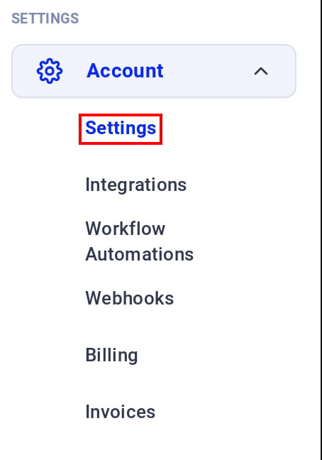 CloudTalkの左メニューでAccountのSettingsが表示されている状態