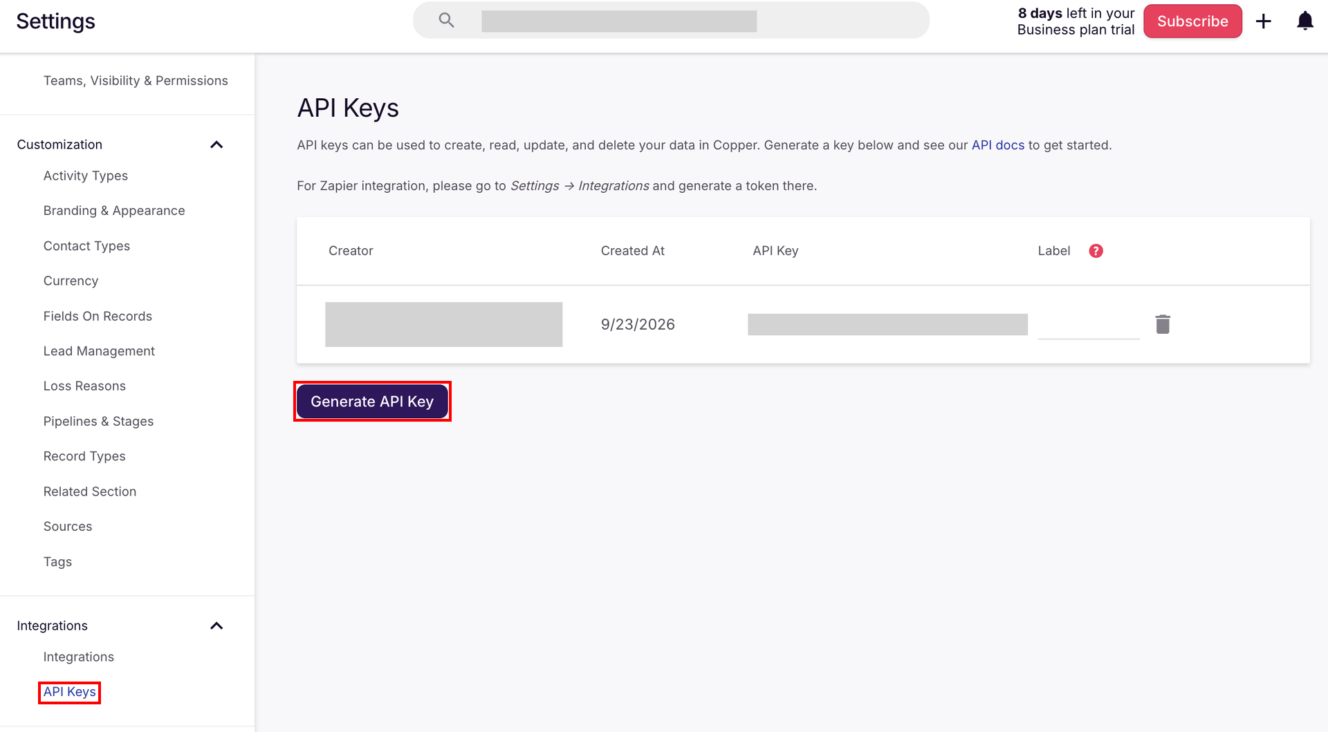 CopperのSettings画面でAPI KeysとGenerate API Keyボタンが表示されている状態