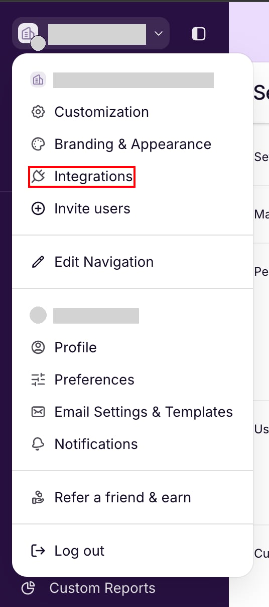 Copperの組織名のメニューでIntegrationsが表示されている状態