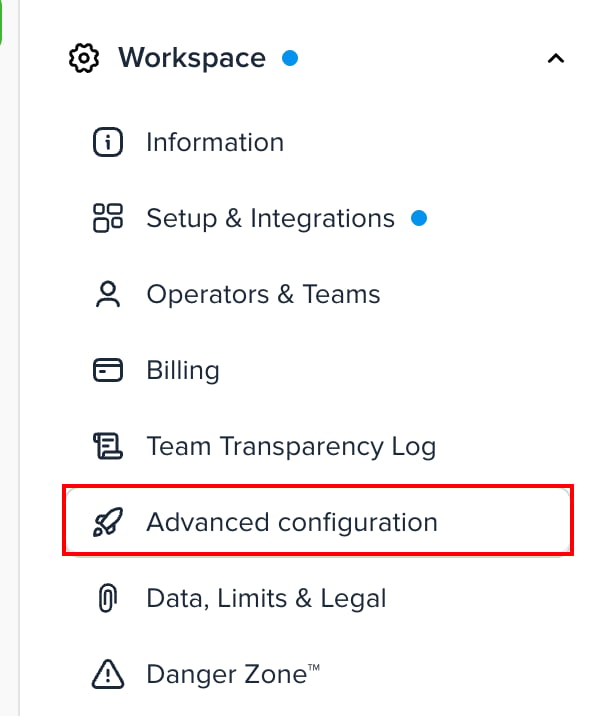 Crispの設定メニューでWorkspaceのAdvanced configurationが表示されている状態