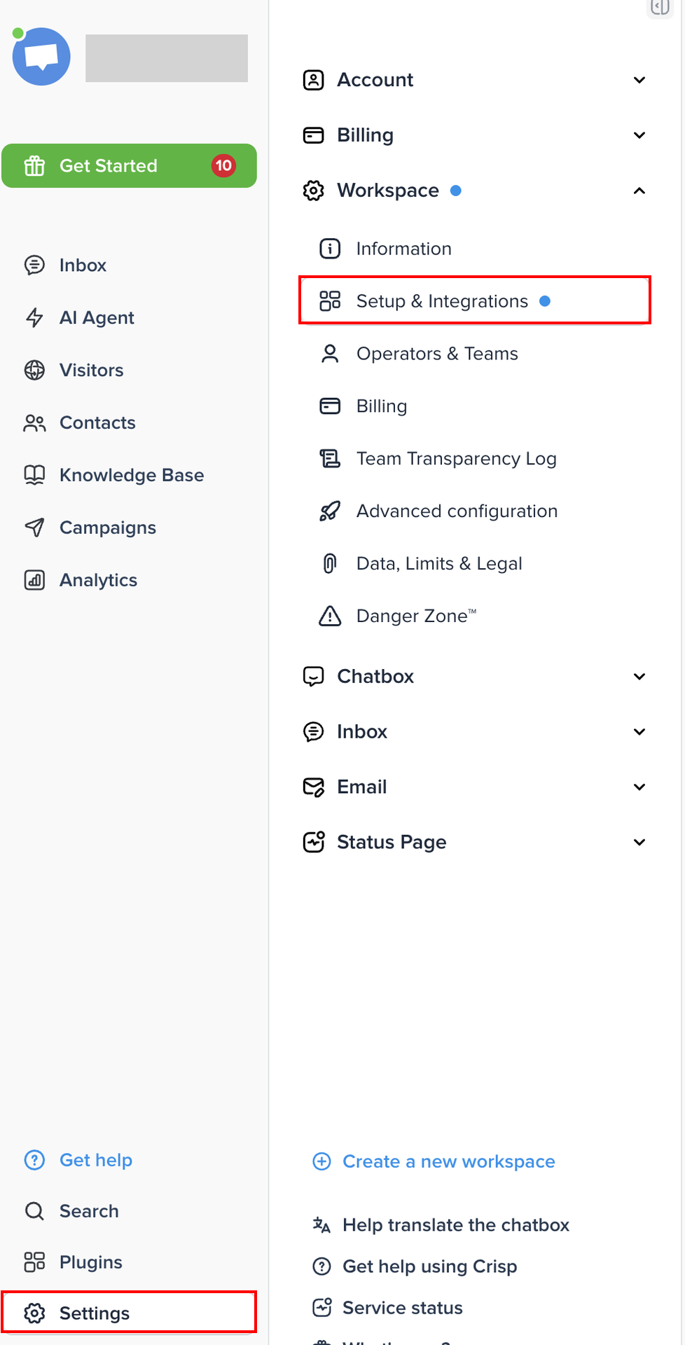 Crispの設定メニューでSettingsとWorkspaceのSetup & Integrationsが表示されている状態