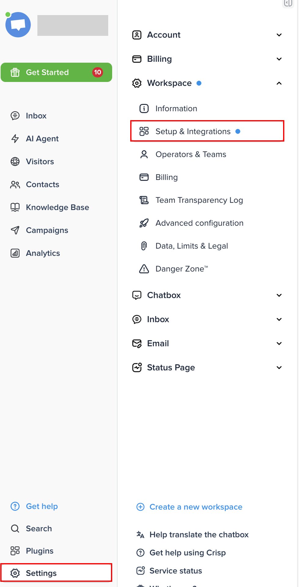 Crispの設定メニューでSettingsとWorkspaceのSetup & Integrationsが表示されている状態
