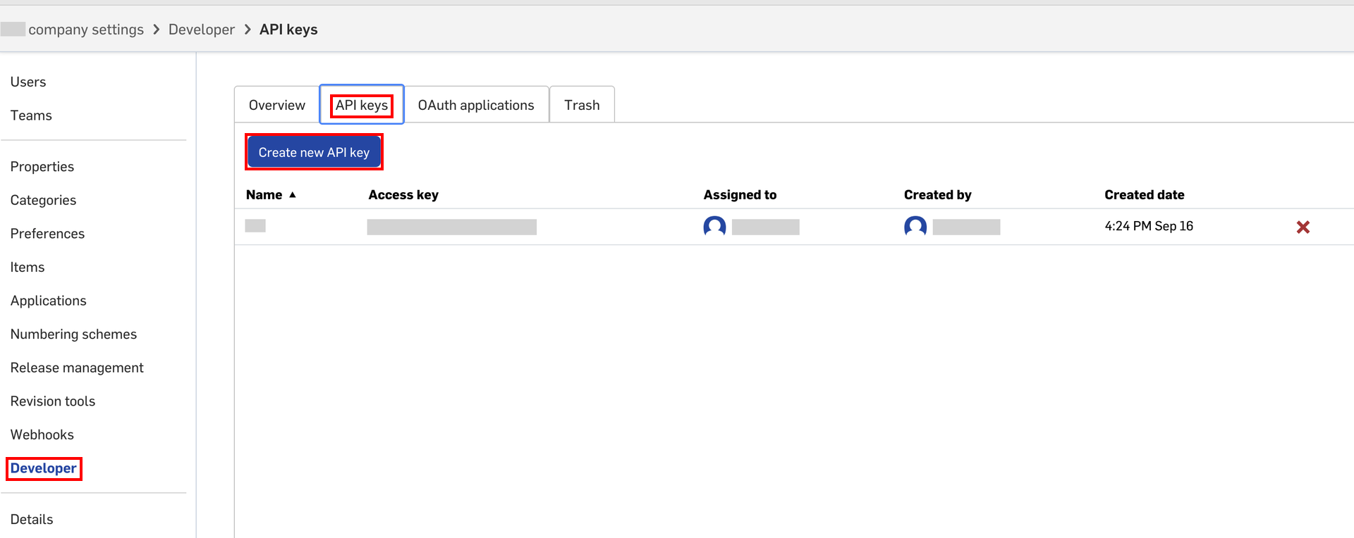 Onshapeのcompany settingsでDeveloperのAPI keysタブとCreate new API keyボタンが表示されている状態