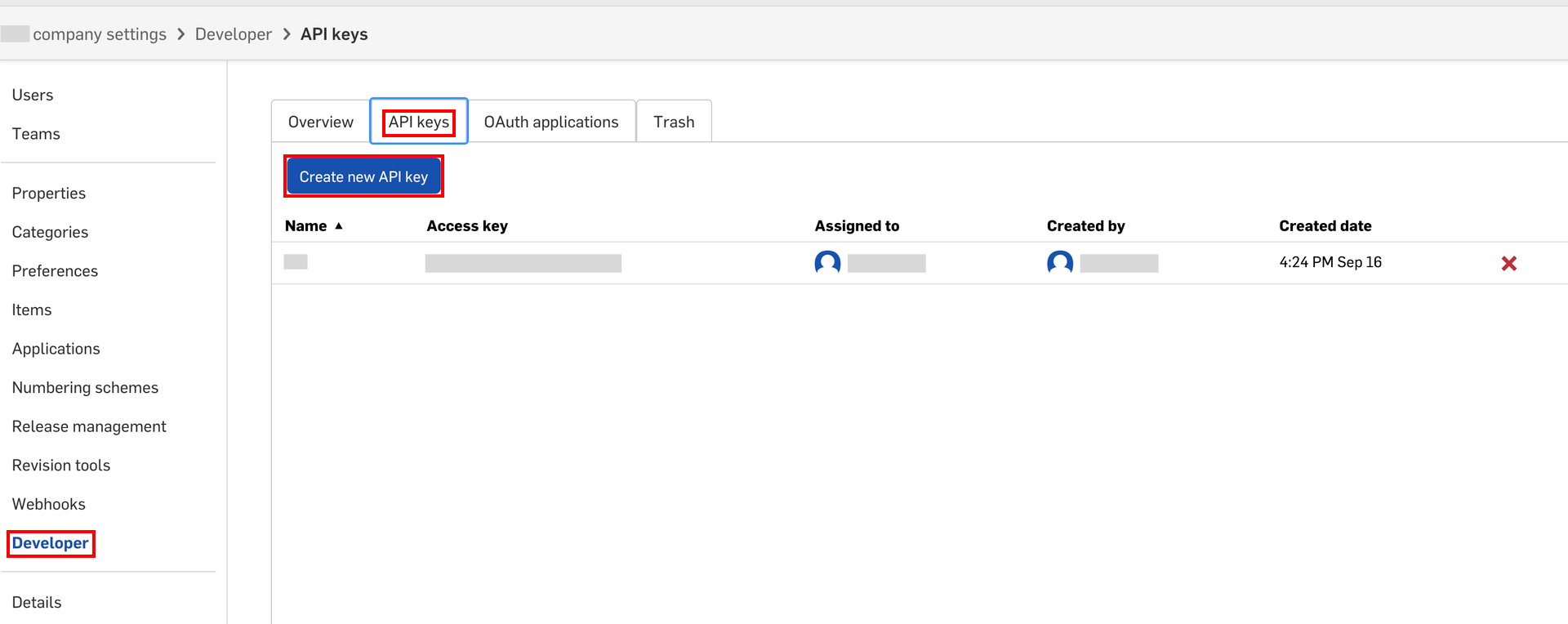 Onshapeのcompany settingsでDeveloperのAPI keysタブとCreate new API keyボタンが表示されている状態