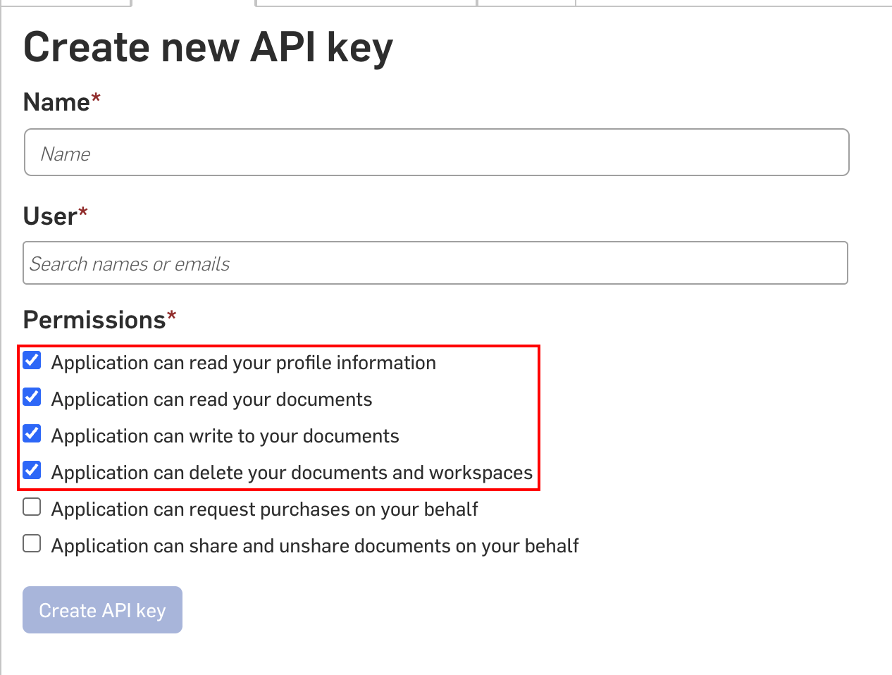 OnshapeのCreate new API key画面でPermissionsの4項目にチェックを入れた状態