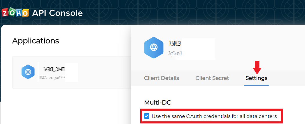 ZOHO API Console settings screen