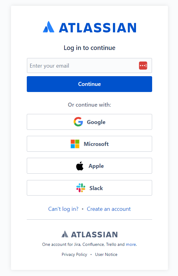 Atlassian login screen