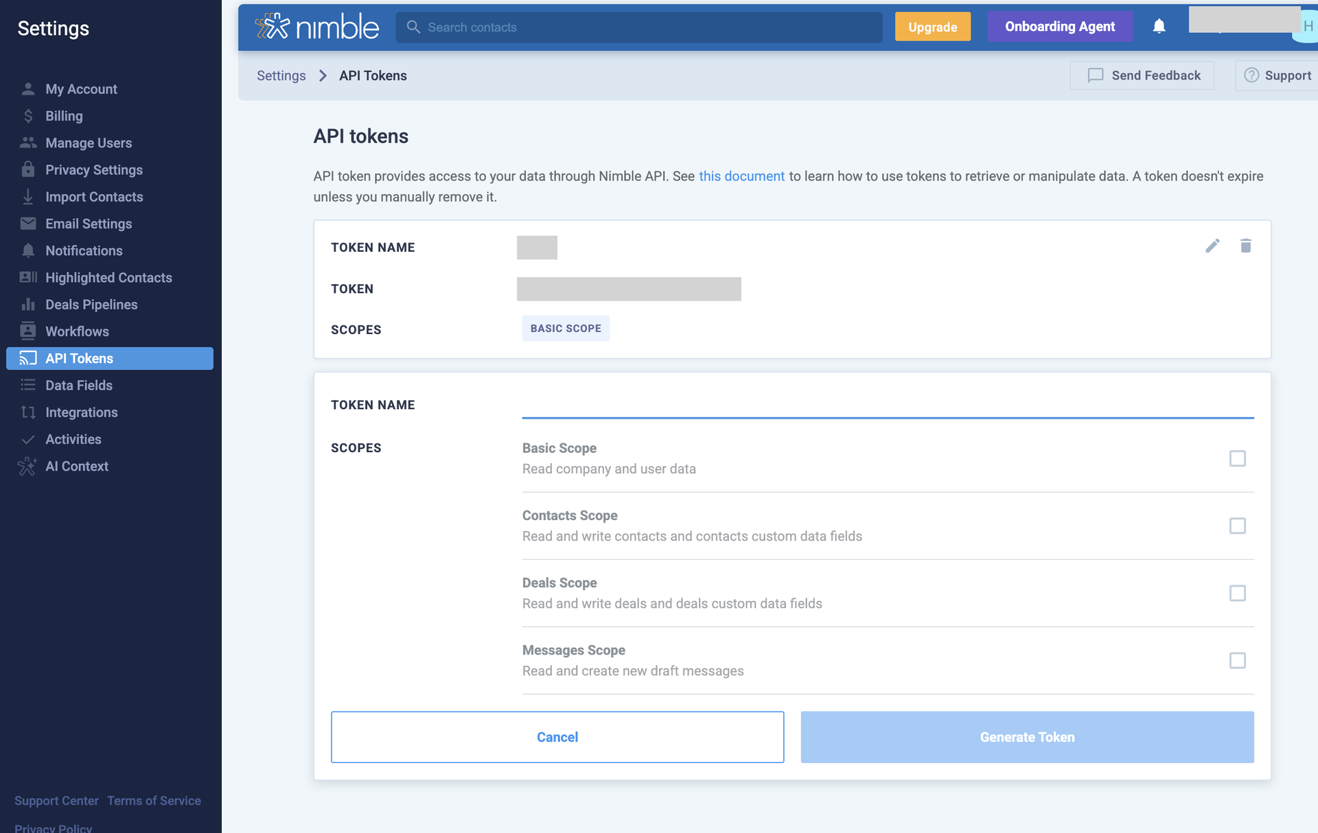 NimbleのAPI Tokens画面。トークン名の入力欄とスコープの選択肢が表示されている状態