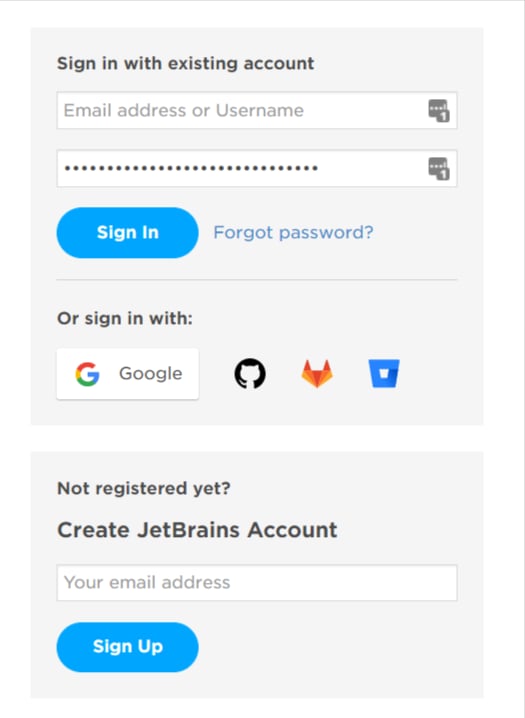 JetBrains ログイン画面