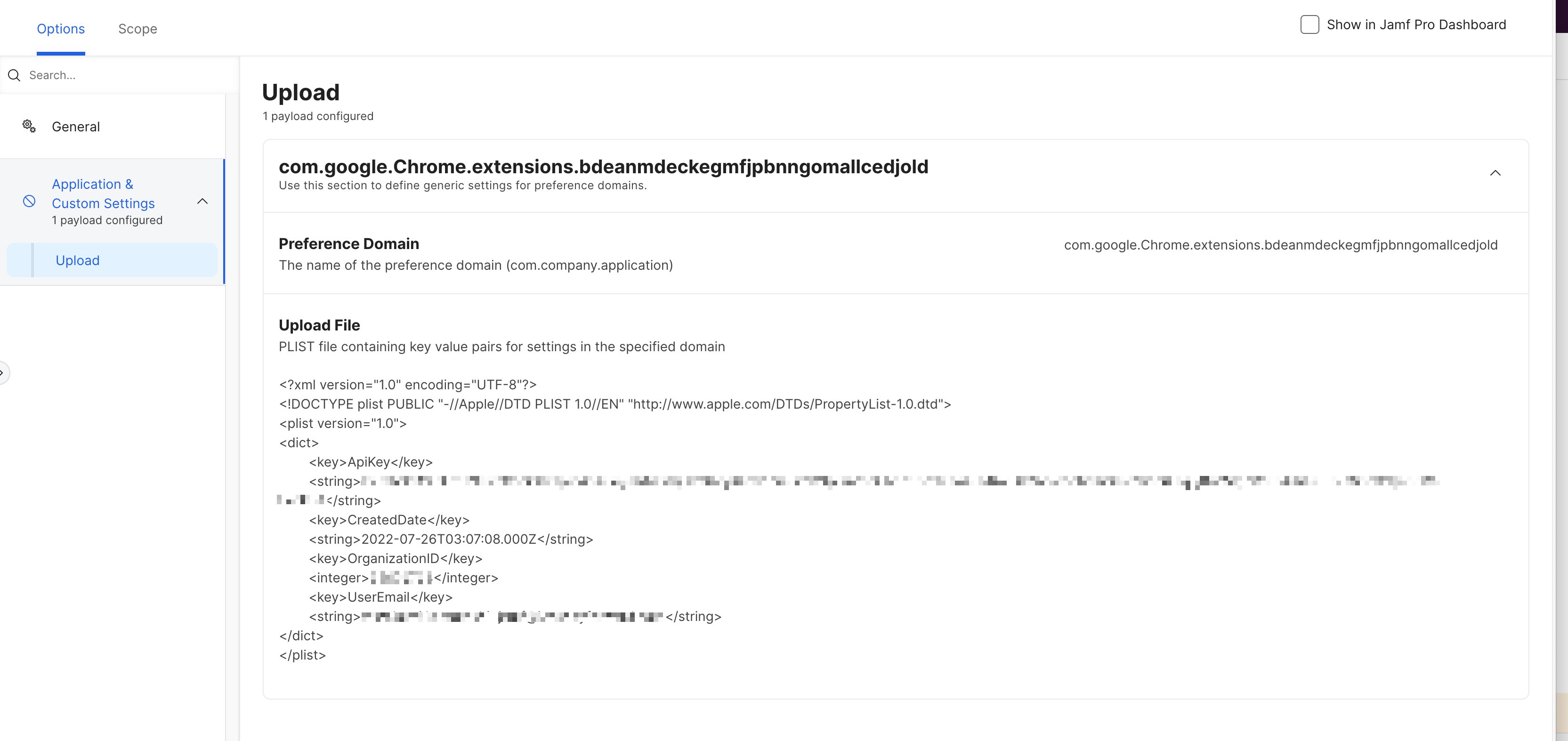 Screenshot of configuring the extension's configuration profile