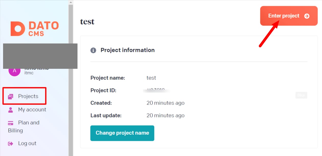 DatoCMS project selection