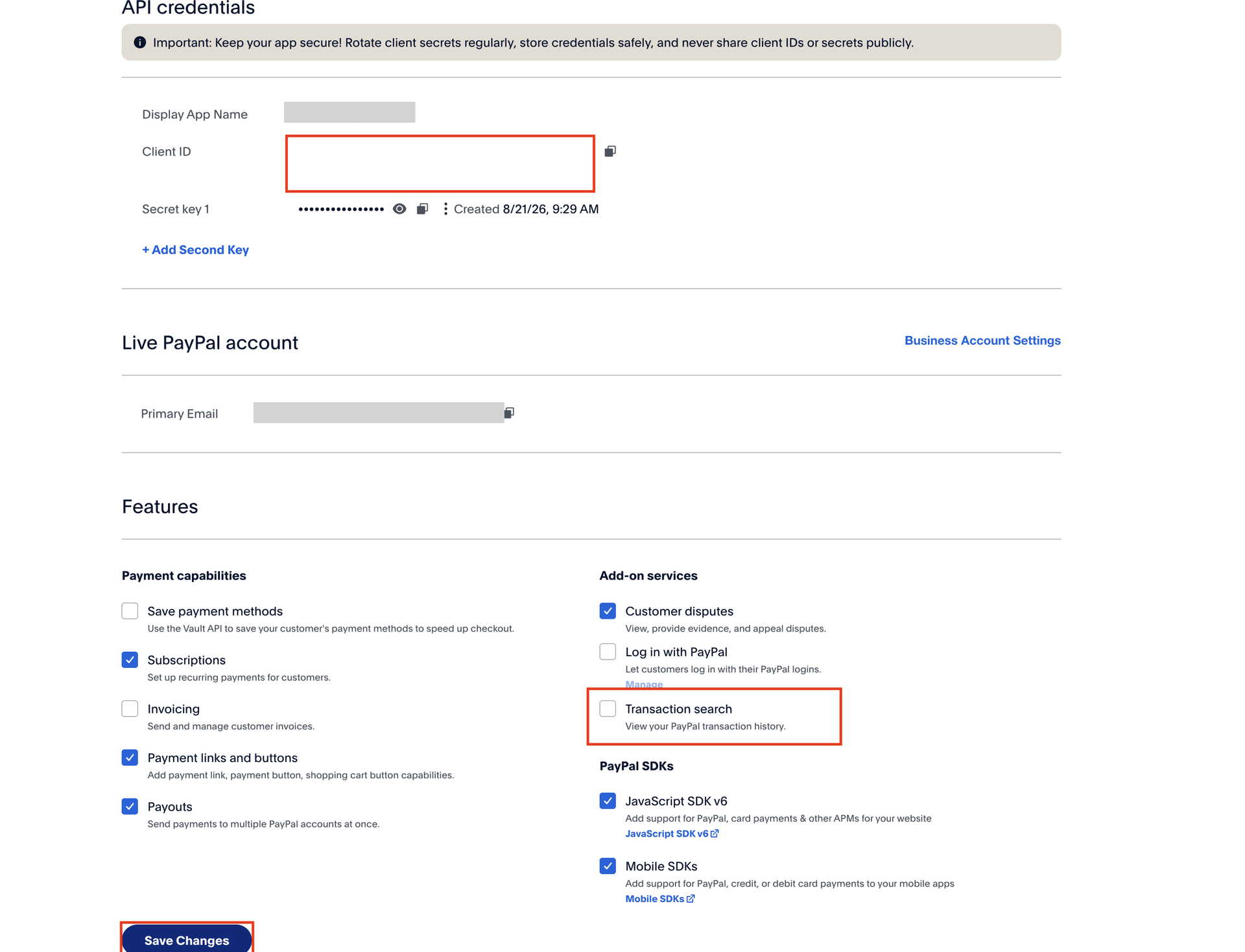 API Credentials詳細画面。クライアントID・シークレットキーの表示位置とTransaction searchのチェックボックス、Save Changesボタンの位置を示す