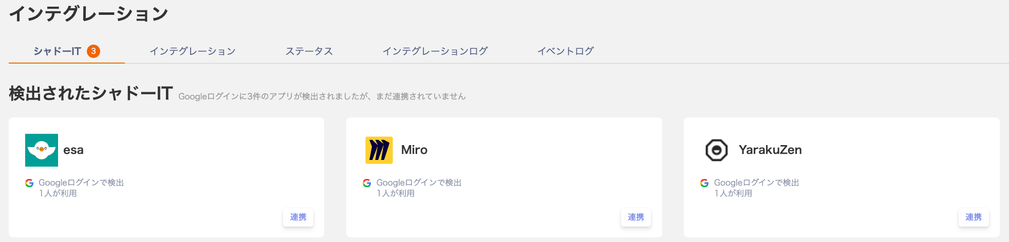 シャドーITタブに検知したSaaSが表示された画面のスクリーンショット