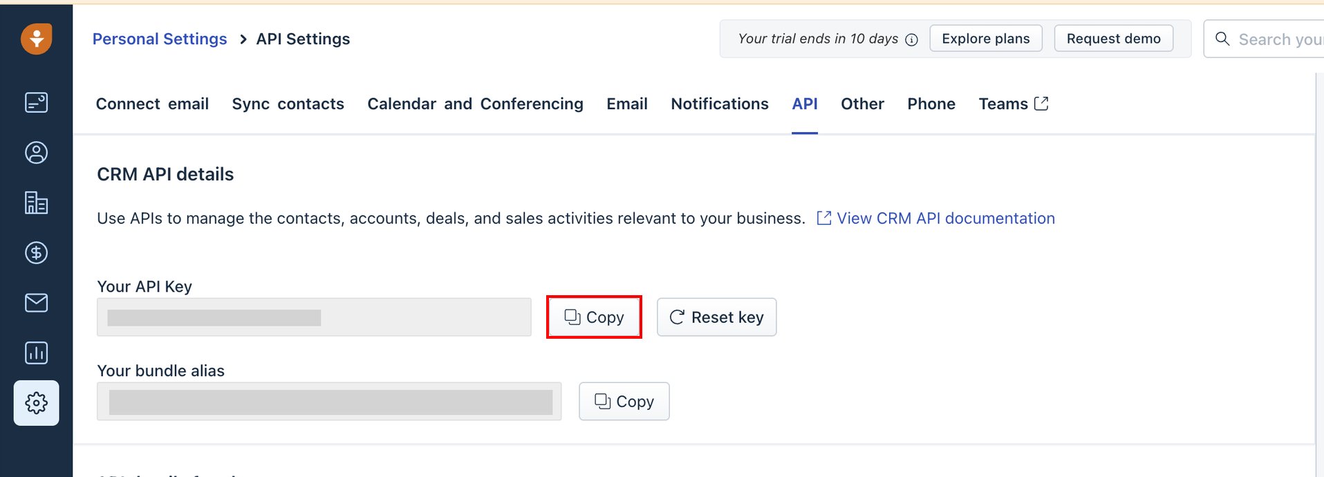 FreshsalesのAPI Settings画面でYour API KeyとCopyボタンが表示されている状態