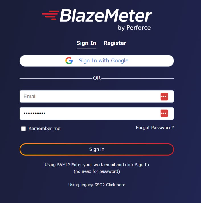 BlazeMeter login page