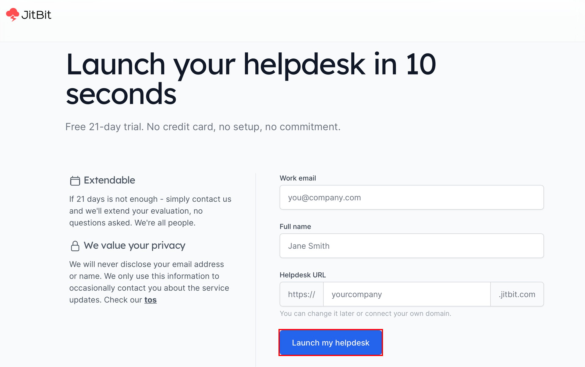 Jitbit Helpdeskのトライアル申し込み画面。Launch my helpdeskボタンが赤枠で強調されている