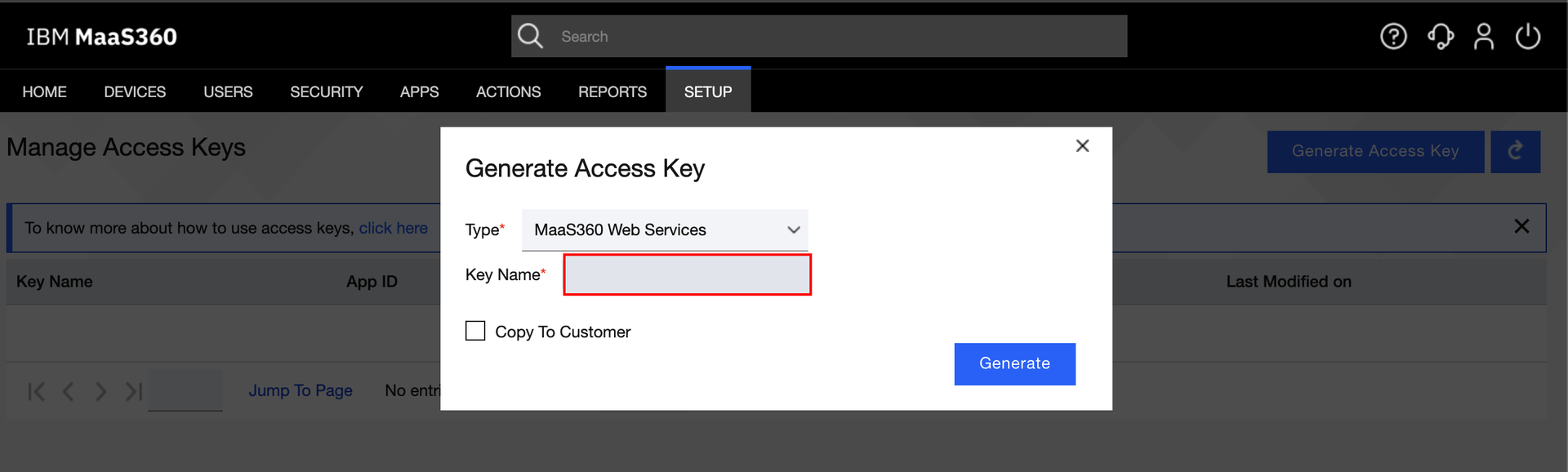 Generate Access Keyダイアログ