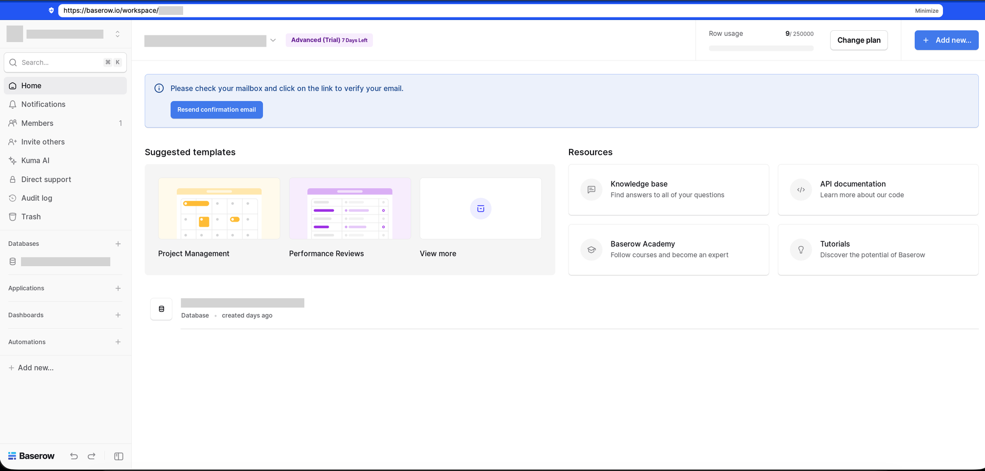 BaserowのURLでworkspaceの後ろにワークスペースIDが表示されている状態
