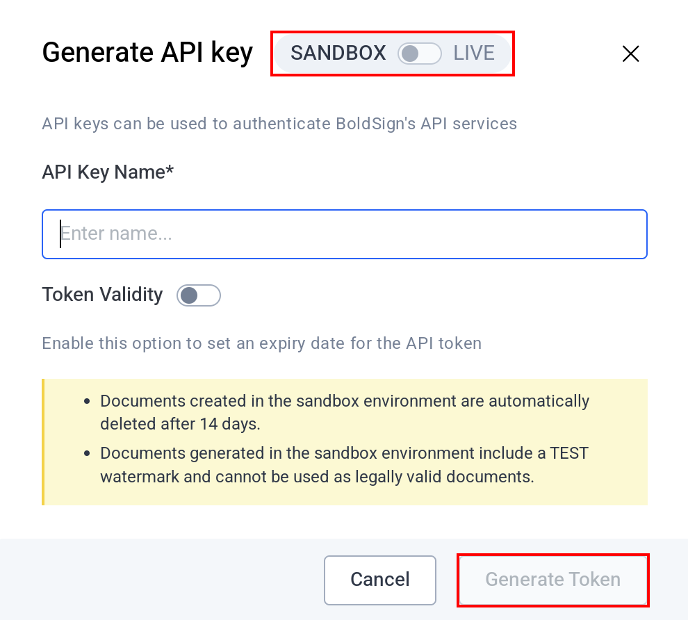 BoldSignのGenerate API key画面で環境の切り替えとGenerate Tokenボタンが表示されている状態