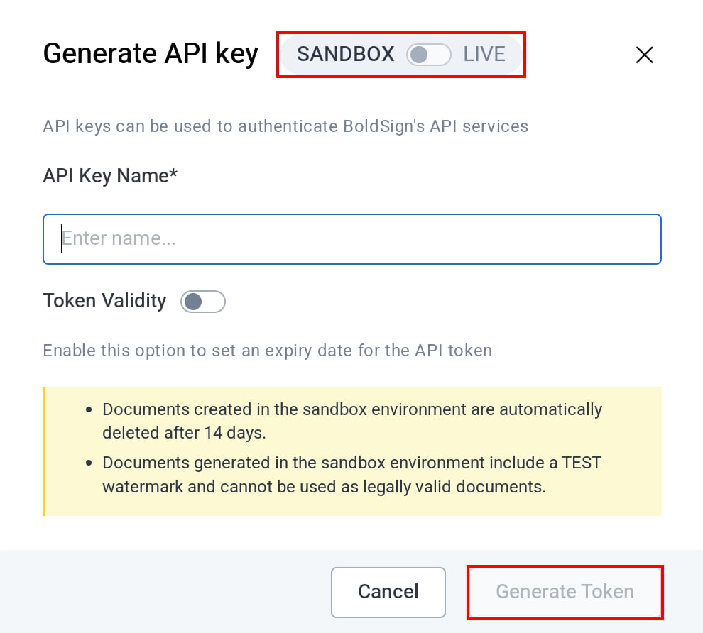 BoldSignのGenerate API key画面で環境の切り替えとGenerate Tokenボタンが表示されている状態