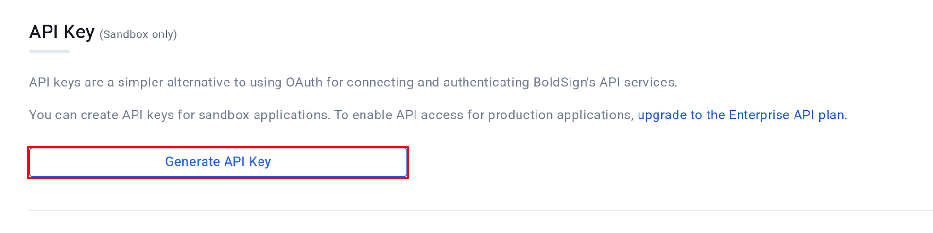 BoldSignのAPI Key画面でGenerate API Keyボタンが表示されている状態