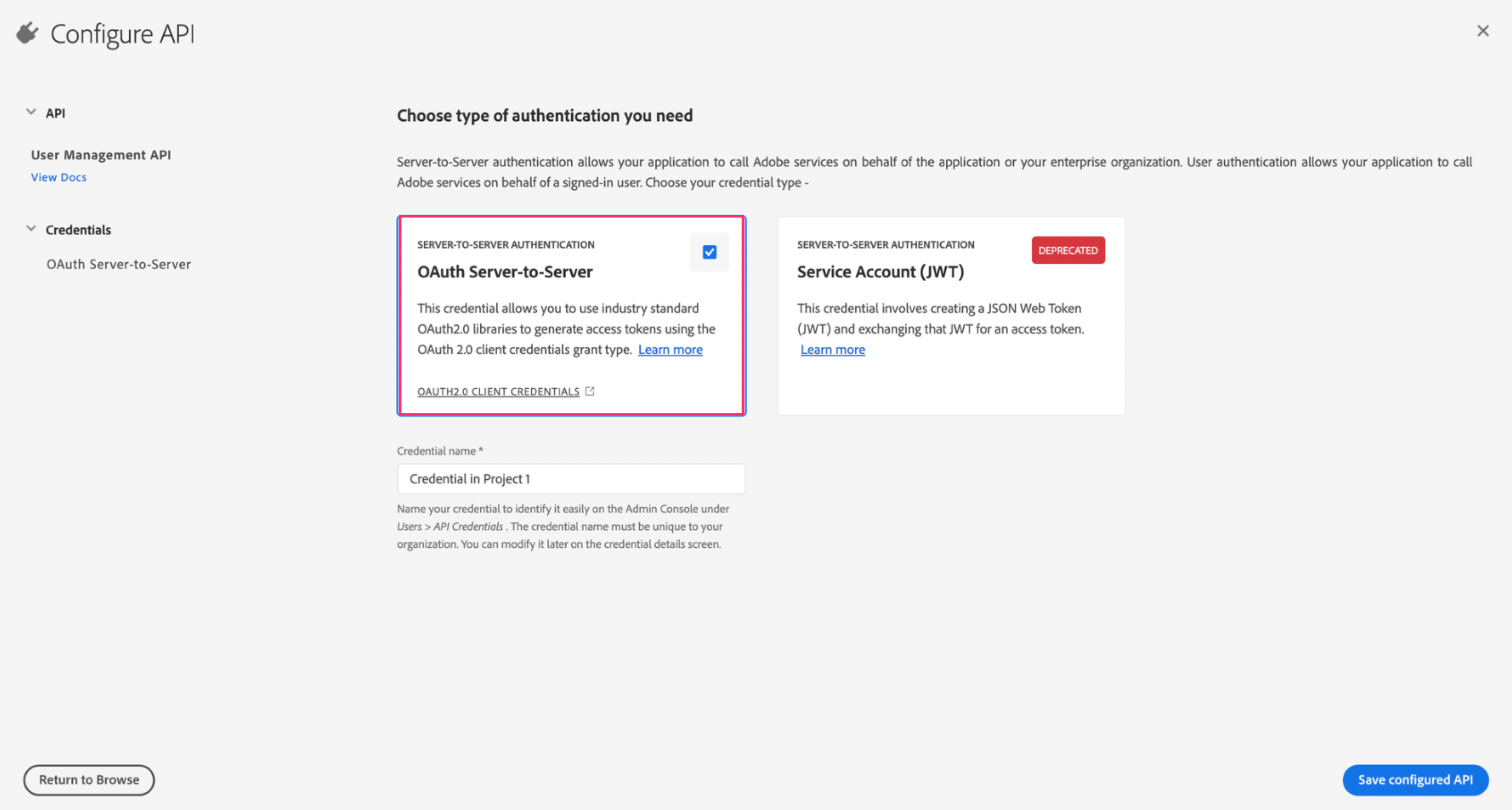 OAuth Server to Server選択