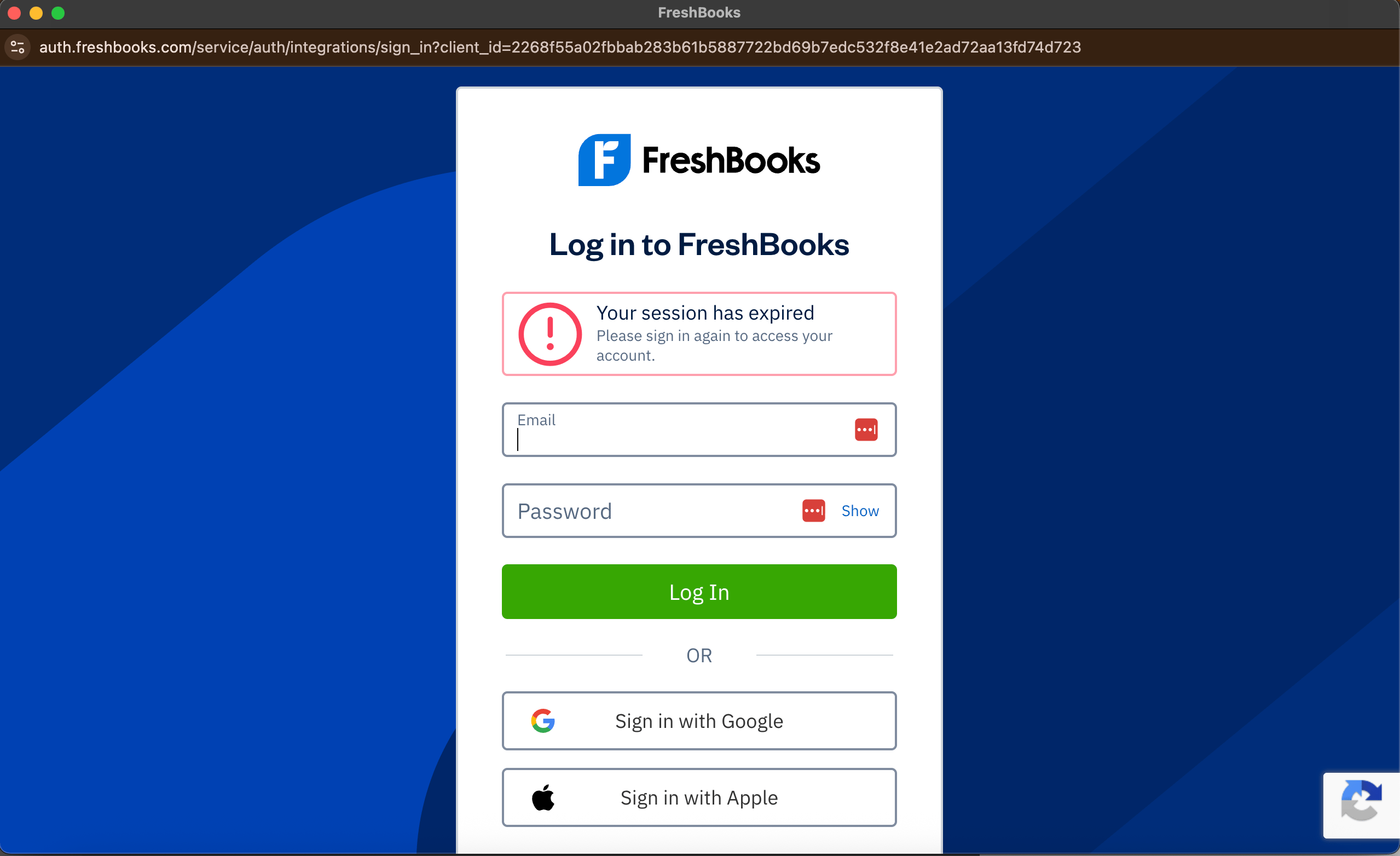 FreshBooksログイン画面