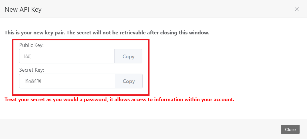 API Key表示画面